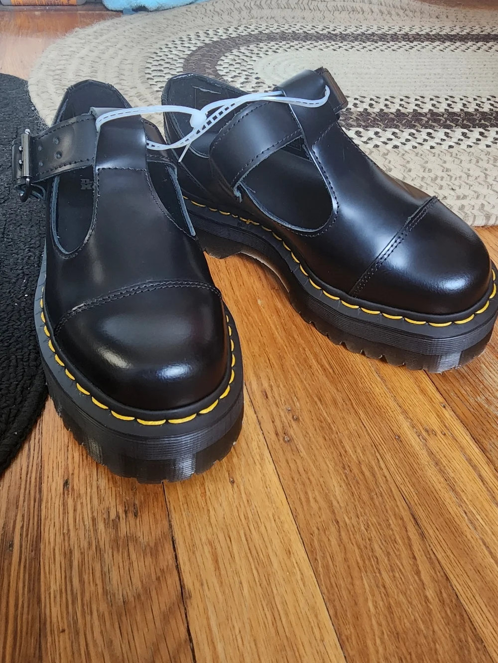 Dr. Martens Bethan Black Mary Jane Shoes with Yellow Stitch Accent